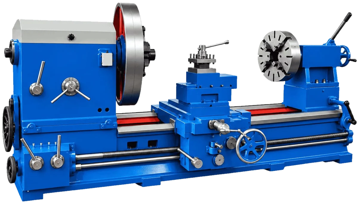 Conventional heavy-duty lathe with four-jaw chuck and tool post